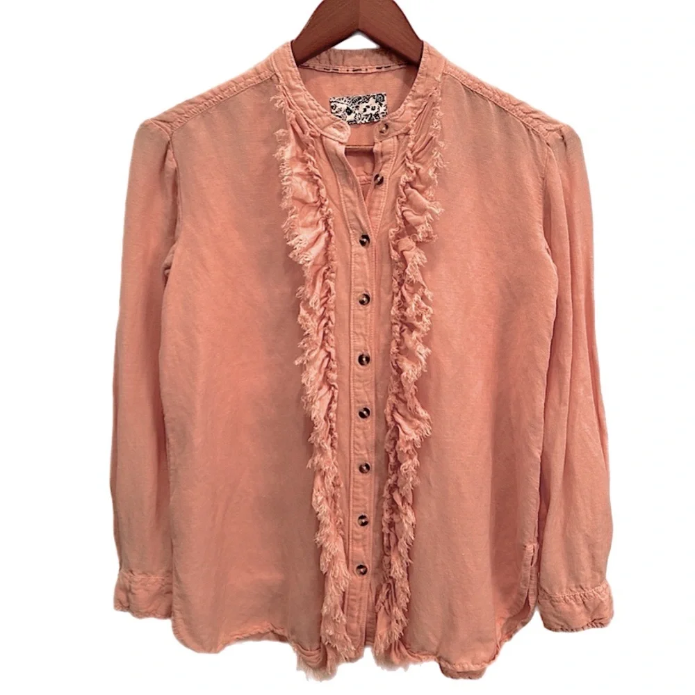Anthropologie Pilcro linen blend Ruffled Placket Shirt peach - Picture 7 of 13